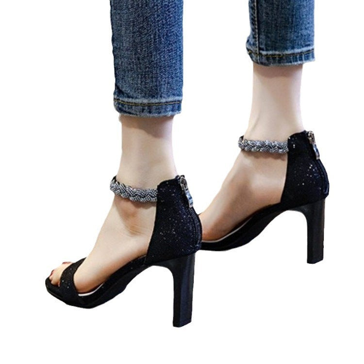 Rhinestone Thick Heeled Sandals