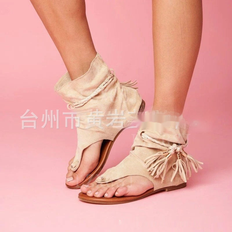 Sandal Retro Flat Bottom Tassel Clip Toe