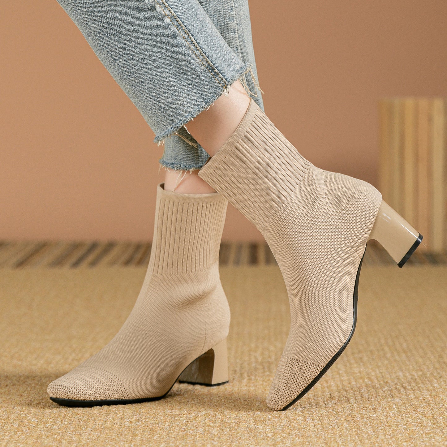 Elastic Chunky Heel Thin Boots Knitted Sock Boots