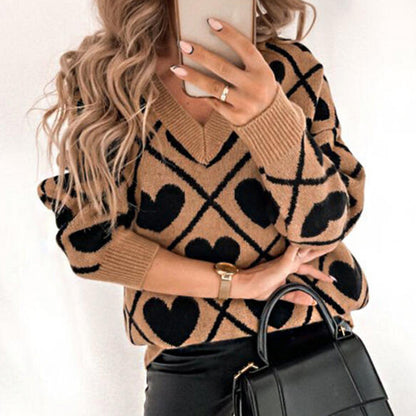 V-neck Pullover Love Knit Sweaters