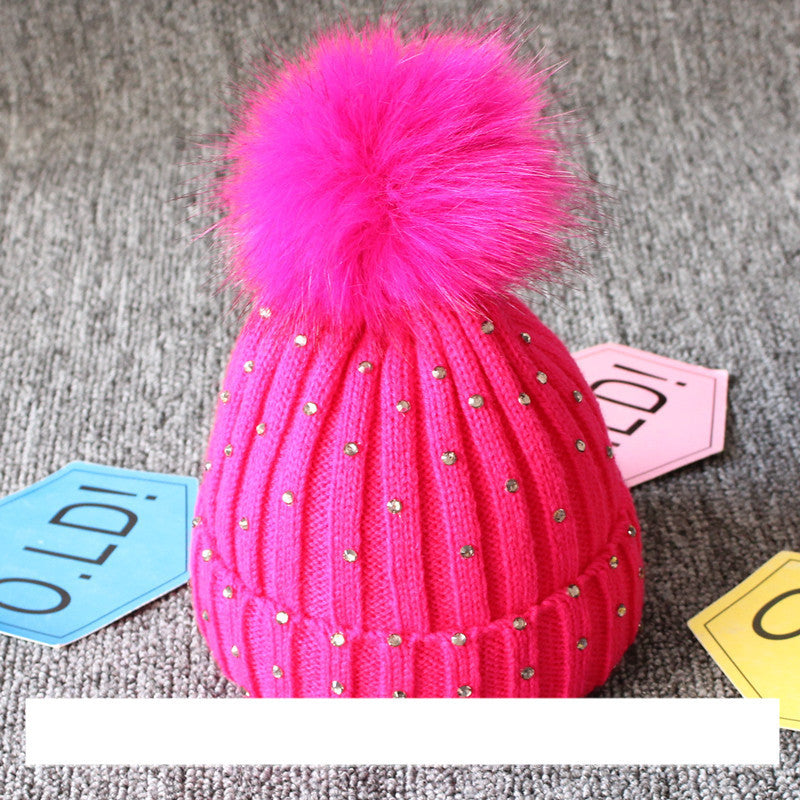 Children's Woolen Knit Hat With Big Hair Ball