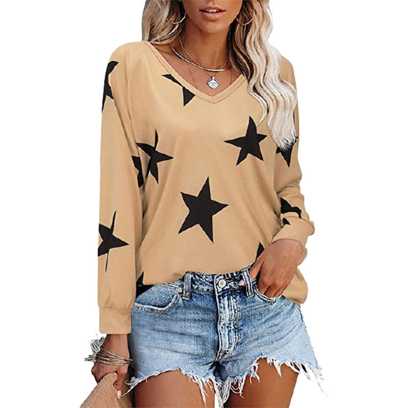 Five-pointed Star Print V-neck Long-sleeved T-shirts