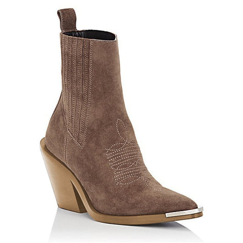 Chunky Heel Suede Pointed Women's Boots