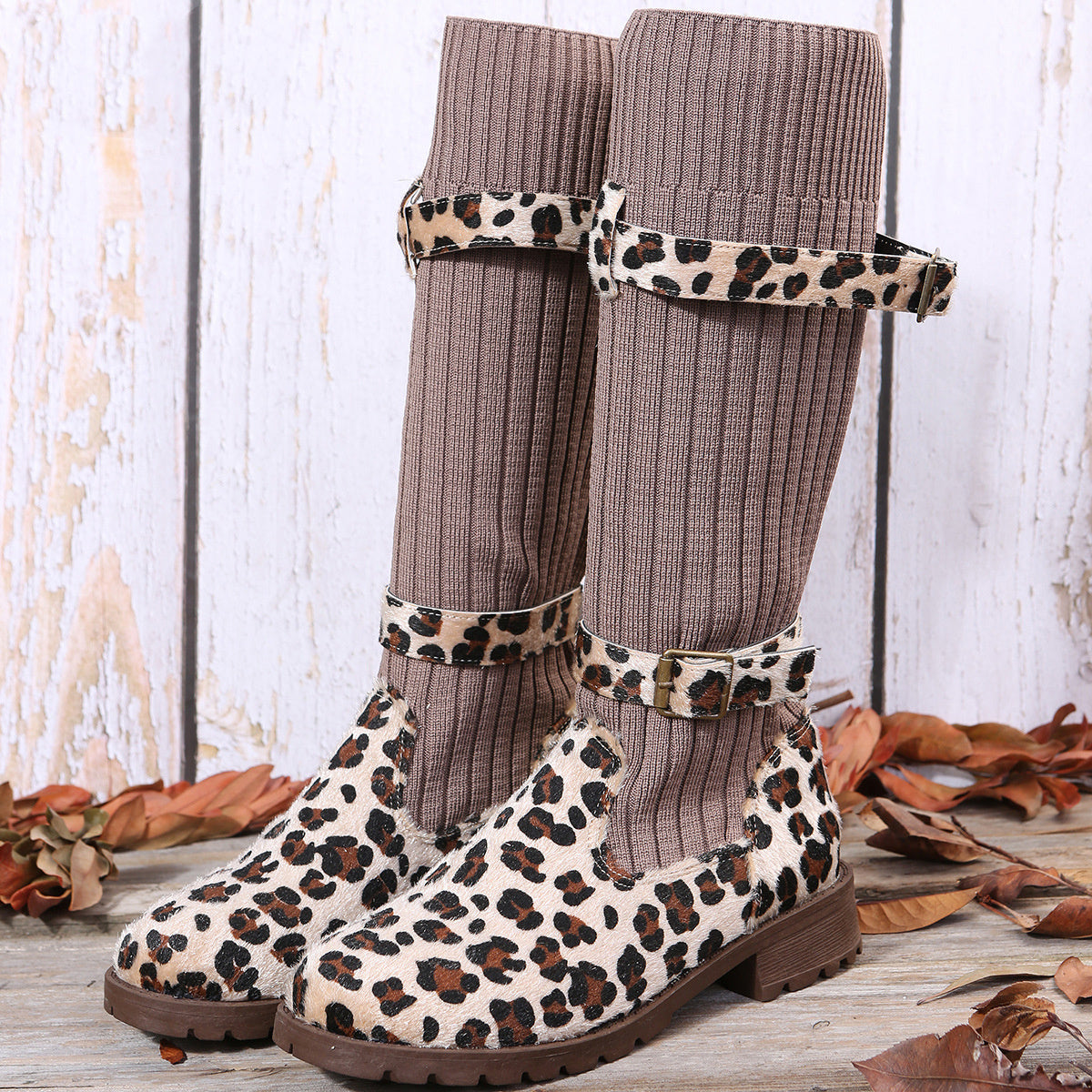 Leapard Shoes Winter Mid Calf Boots Women Sock Boots