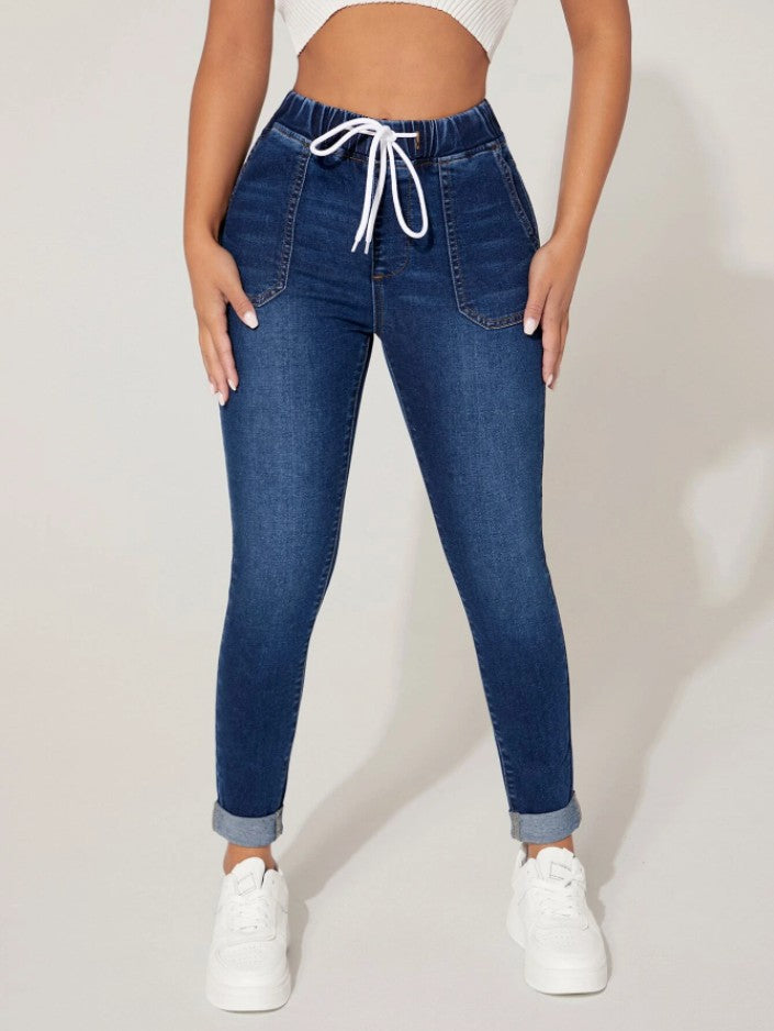 Drawstring Elastic Waist High Skinny Jeans