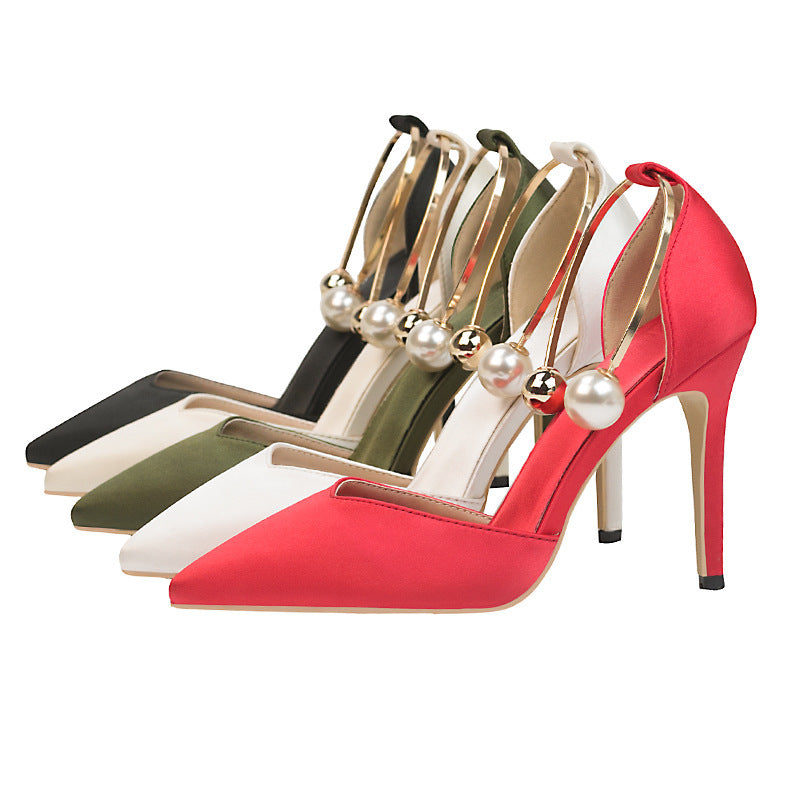 Satin Hollow-out Pointed Toe Metal Strap Sandals