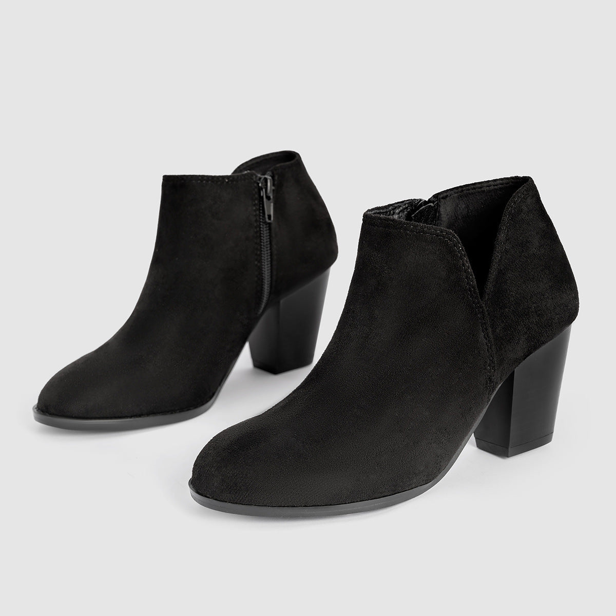 Suede V Cut Side Zipper Round Head Chunky Heel Ankle Boots