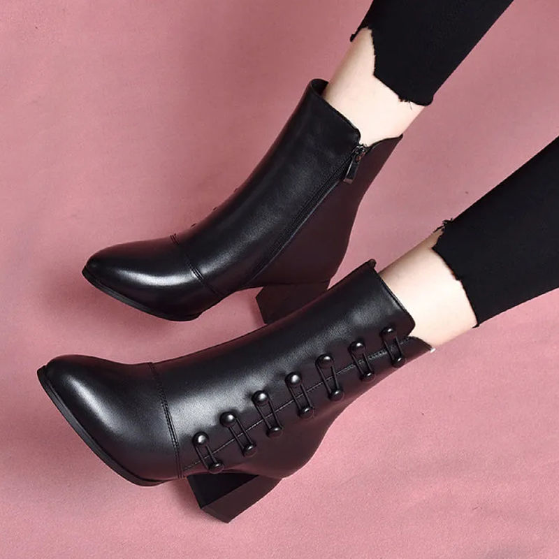 Decorative Button Zipper Non-slip Black Boots