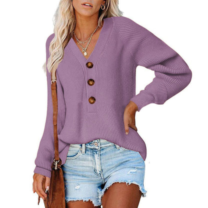 Button Knitted V-neck Sweaters