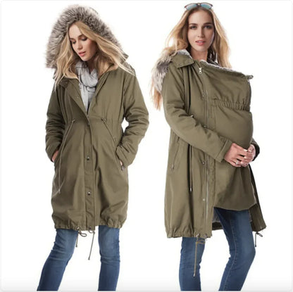 Fur-Collared Maternity Coat