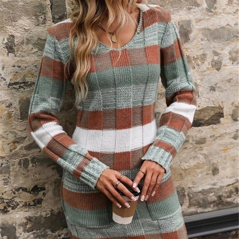 V-neck Color-block Double Pocket Knitted Slim Fit Sweater Dresses