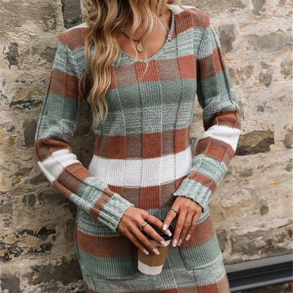 V-neck Color-block Double Pocket Knitted Slim Fit Sweater Dresses