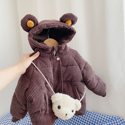 Cute Cotton Hooded Jackets With Bear Bag