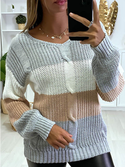 Knitted V Neck Color Matching Long Sleeved Sweaters