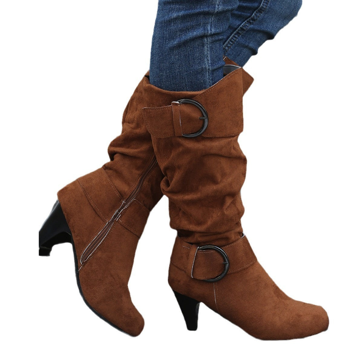 High Tube Below The Knee Round Head Buckle Boots