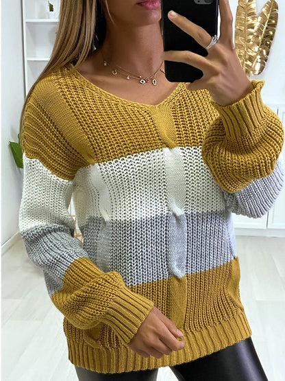 Knitted V Neck Color Matching Long Sleeved Sweaters