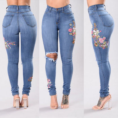 Denim flower embroidered jeans