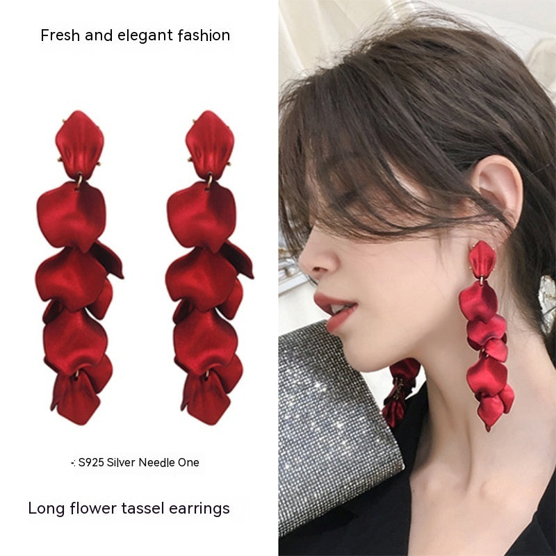 Long Rose Petal Fringed Earrings