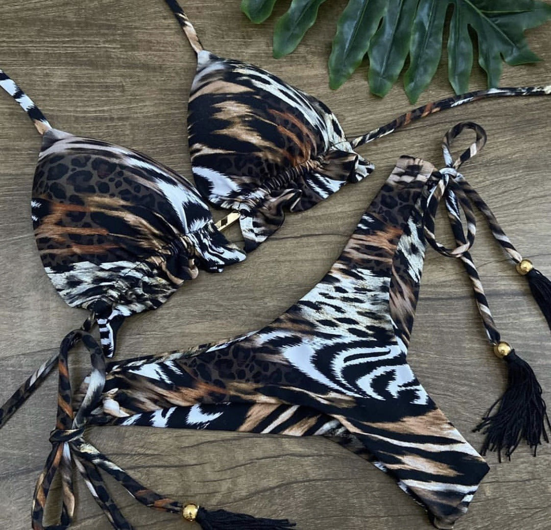 Skull leopard print split bikini