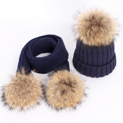 Children's raccoon fur ball hat scarf set