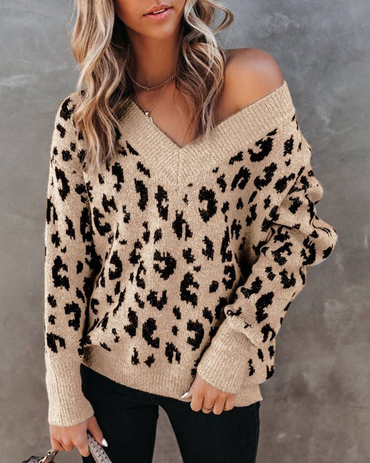 Casual V-neck Leopard Print Core-spun Yarn Sweaters