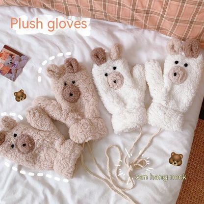 Winter Warm Cartoon Bear Plush Gloves Halter All-inclusive Cold Protection Fleece Thick