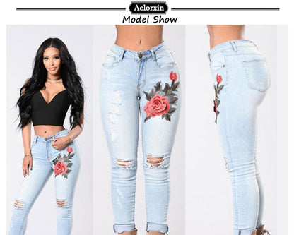 Embroidered High-elastic Jeans