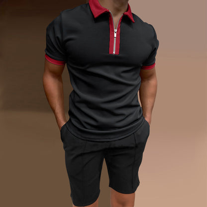 Slim-fit Zipper Lapel Pullover Men's Polo Shirts + Shorts