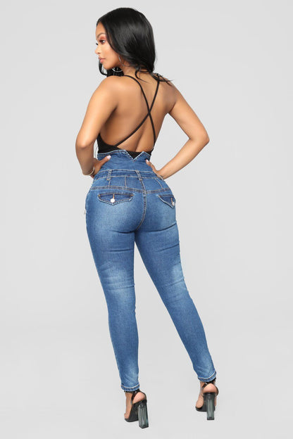 Ripped hole high waist skinny pencil denim jeans