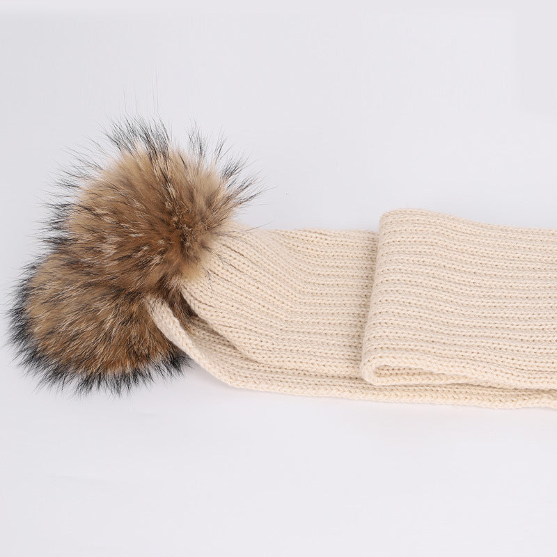 Children's raccoon fur ball hat scarf set