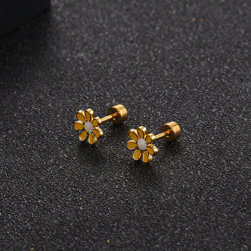 Flower Titanium Steel Ear Studs Girl Small Three-dimensional