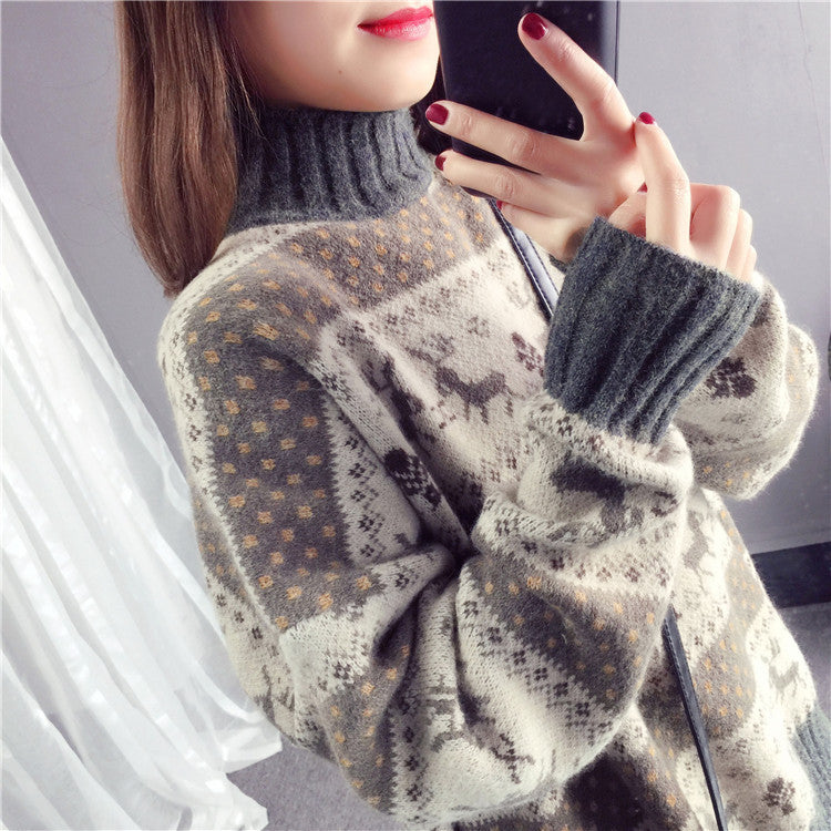 Christmas Fawn Lazy Loose Sweater Women