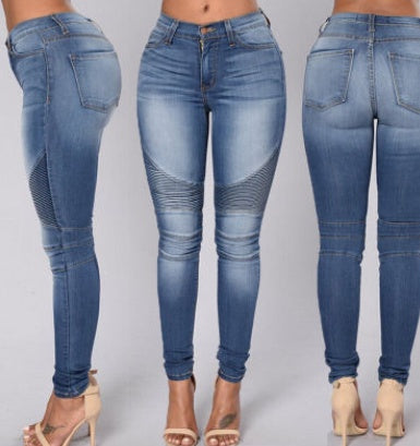 Stretch slim folds stitching pencil jeans