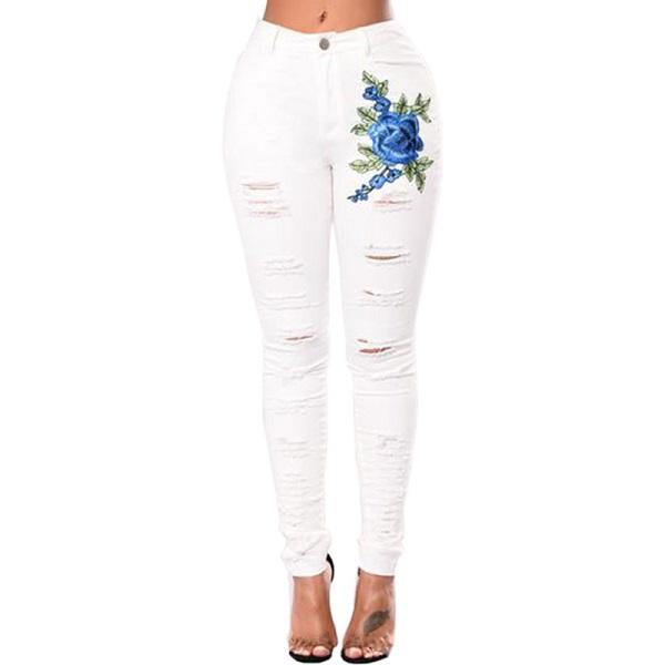 Jeans De Mezclilla Desgarrados Con Rosas Para Mujer