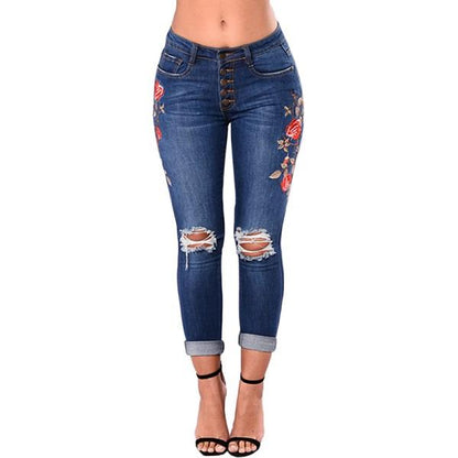 Jeans De Mezclilla Desgarrados Con Rosas Para Mujer