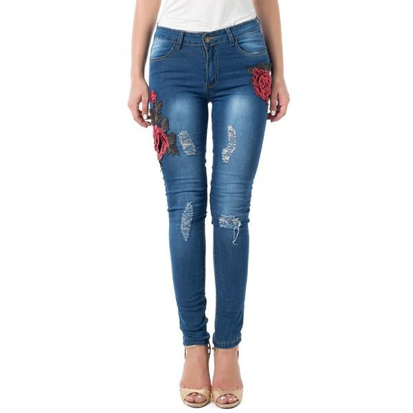 Jeans De Mezclilla Desgarrados Con Rosas Para Mujer