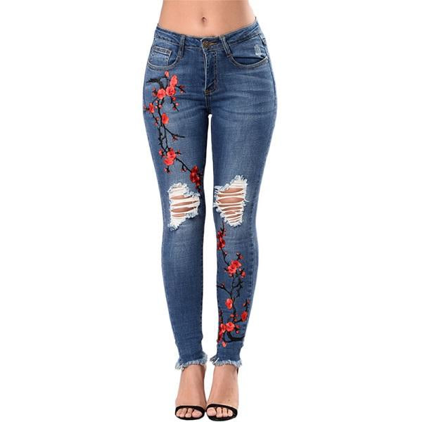 Jeans De Mezclilla Desgarrados Con Rosas Para Mujer