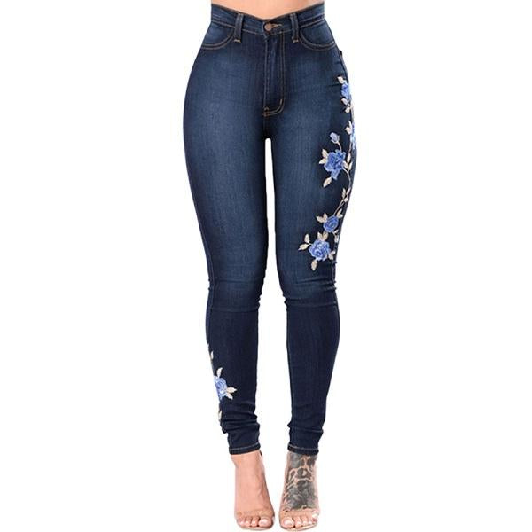 Jeans De Mezclilla Desgarrados Con Rosas Para Mujer