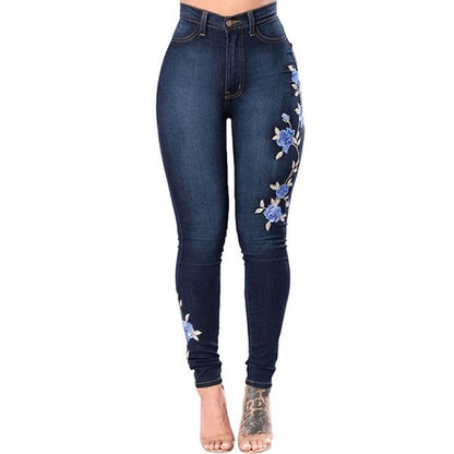 Jeans De Mezclilla Desgarrados Con Rosas Para Mujer