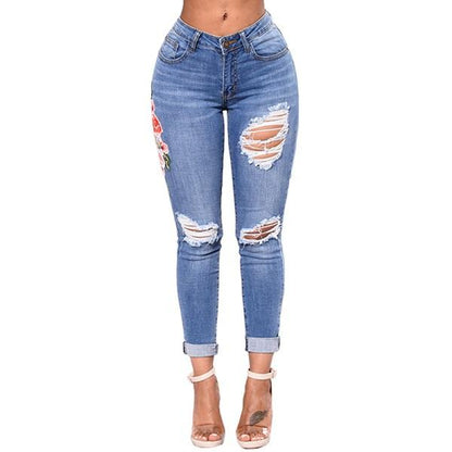 Jeans De Mezclilla Desgarrados Con Rosas Para Mujer