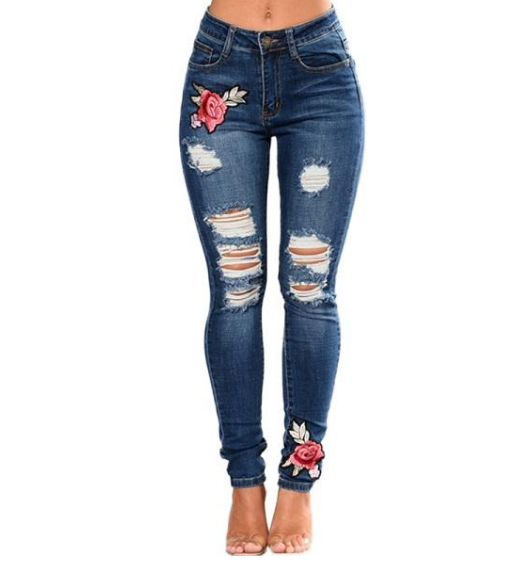 Jeans De Mezclilla Desgarrados Con Rosas Para Mujer