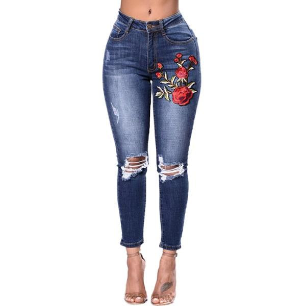 Jeans De Mezclilla Desgarrados Con Rosas Para Mujer