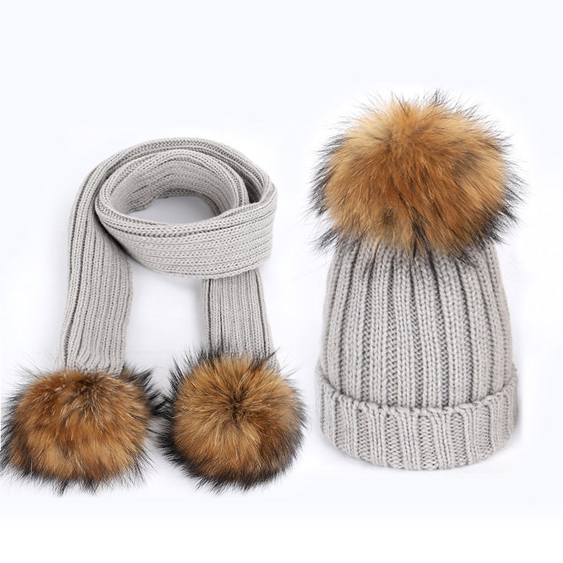 Children's raccoon fur ball hat scarf set