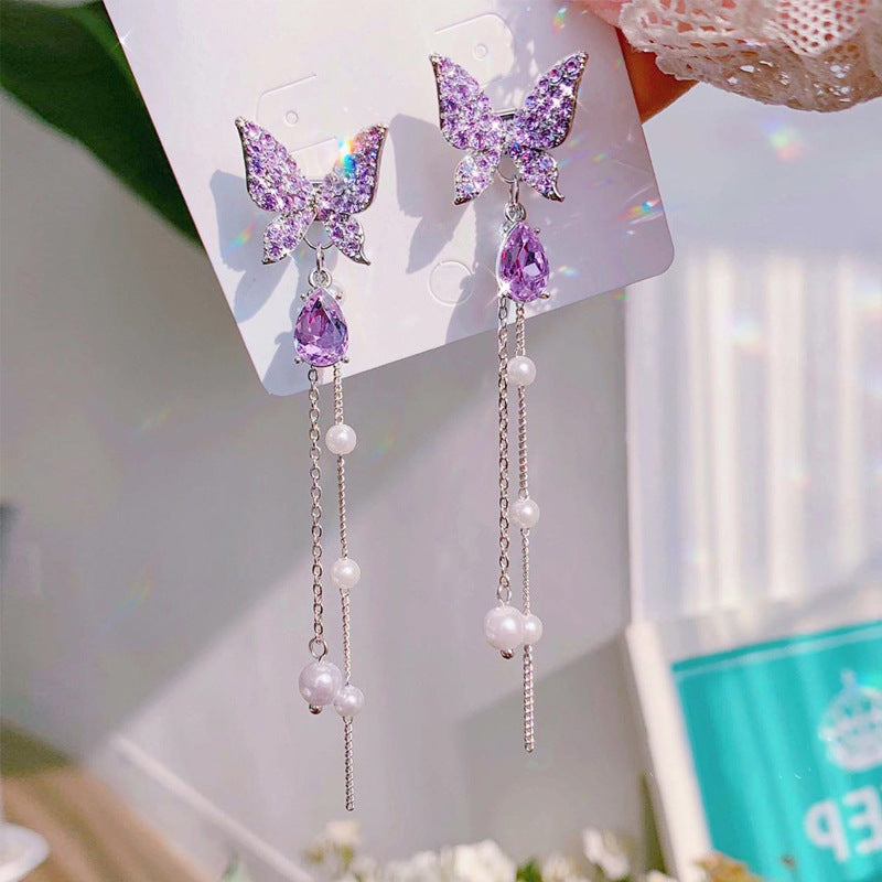 Crystal Purple Colorful White Butterfly Stud Earrings