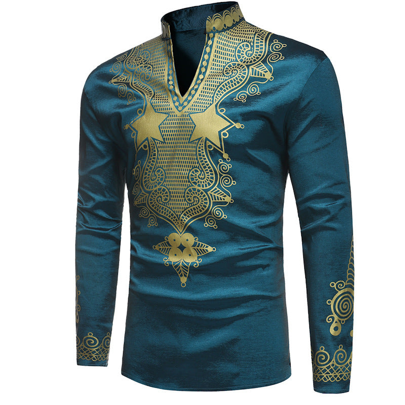 Men'S Shirt Long-Sleeved T-Shirt Ethnic Printing Bottoming Shirt