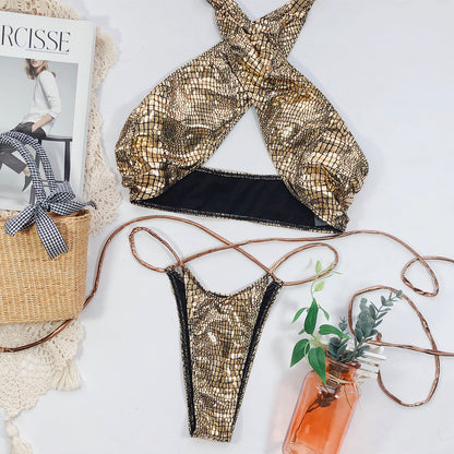 Snake print fabric strappy swimsuits