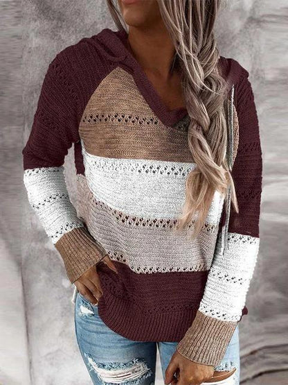 Color Matching Long-sleeved Hooded V-neck Sweaters