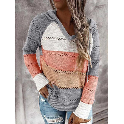 Color Matching Long-sleeved Hooded V-neck Sweaters