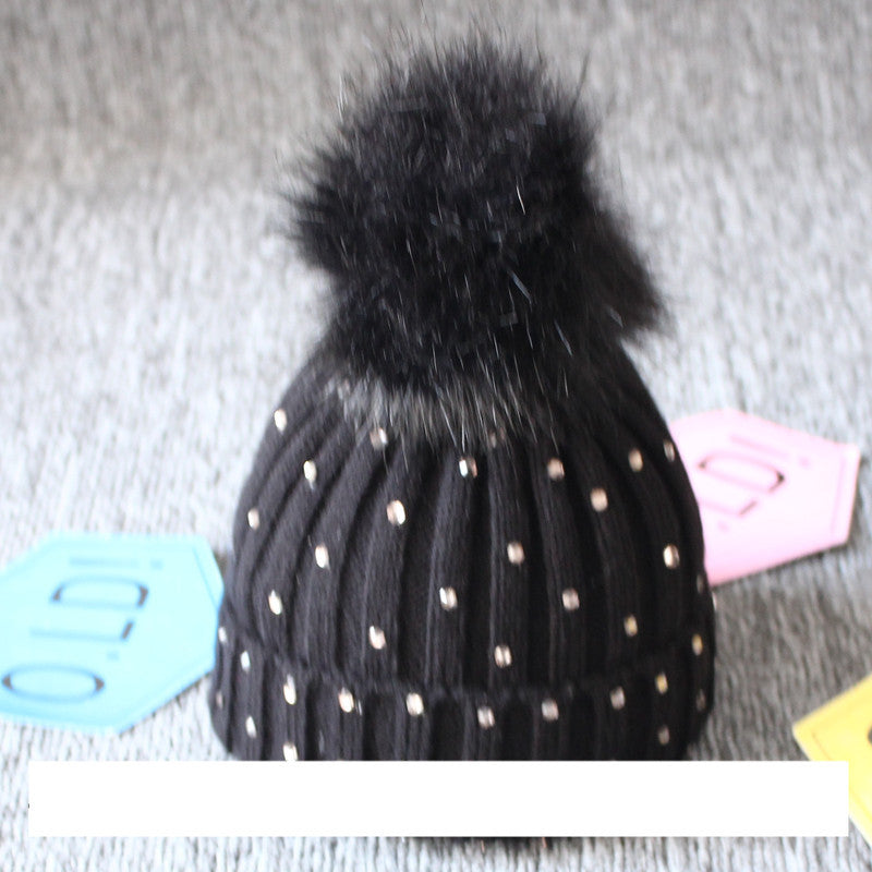 Children's Woolen Knit Hat With Big Hair Ball