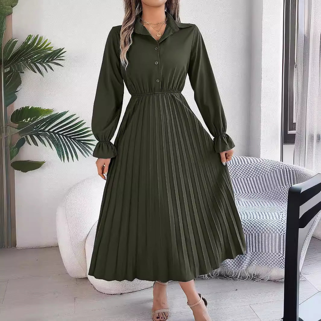 Leisure Lapel Button Long Sleeve Cinched Pleated Dresses